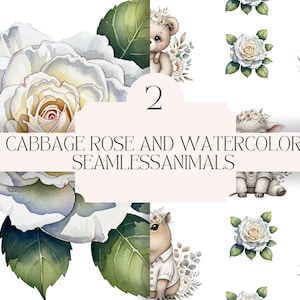 Könnte beinhalten: Aquarell-Digital-Art mit Rosenkohlrosen und nahtlosen Tiermustern. Das Bild enthält eine große weiße Rose mit grünen Blättern und Illustrationen eines Teddybären, einer Kuh, eines Kaninchens und anderer Tiere. Der Text lautet "Cabbage Rose and Watercolor Seamless Animals."