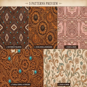 Western Tooled Leather Seamless Patterns Bundle PNG | Cowboy Floral Digital Paper Pack | Turquoise Boho Western Backgrounds