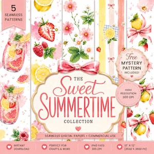 May include: A digital paper collection featuring five seamless patterns with watercolor illustrations of strawberries, lemons, pink flowers, and bows. The central label displays the text THE SWEET SUMMERTIME COLLECTION with a pink bow.