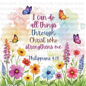 Filipenses 4:13 - Imagen PNG cristiana: Mariposa floral imprimible (descarga digital)