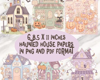 Op de afbeelding: Halloween-thema digitale papieren met spookhuizen, pompoenen, geesten en vleermuizen. De papieren zijn 21,59 x 27,94 cm groot en beschikbaar in PNG- en PDF-formaten. De afbeelding bevat tekst met "Ghoul School", "The Bevwitchery" en "Pumpkin Wishes".