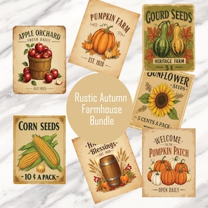 May include: A collection of vintage-style autumn-themed signs. The signs feature illustrations of pumpkins, apples, sunflowers, gourds, and corn. Text includes "Apple Orchard", "Pumpkin Farm", "Gourd Seeds", "Sunflower Seeds", "Corn Seeds", and "Welcome to the Pumpkin Patch".