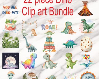 Watercolor Dinosaur Clipart Bundle, 22 Piece Dino PNG (Digital Download)
