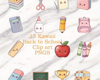 Kawaii Back to School Clipart PNG, Pastel School Supplies (Digital Download)