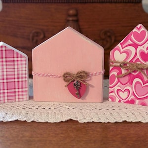 Valentine’s Wooden Houses, Tiered Tray Decor, Mini Wood Houses