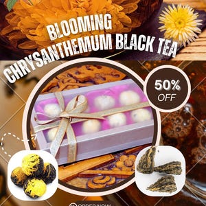 Handcrafted Blooming Tea Bomb: Black/Chrysanthemum Floral Tea Gift Set