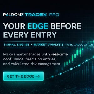 May include: A digital graphic with the text "PALDOMZ TRADEX PRO" and "YOUR EDGE BEFORE EVERY ENTRY." It includes a rising line graph and the words "SIGNAL ENGINE," "MARKET ANALYSIS," and "RISK CALCULATOR." A button reads "GET THE EDGE."