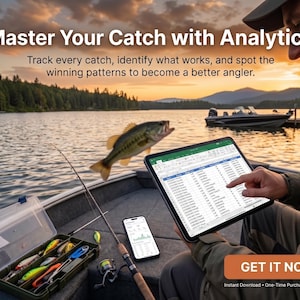 May include: Image promoting fishing analytics. A person on a boat uses a tablet and smartphone to track data. The text reads "Master Your Catch with Analytics." A fishing lure box and fishing rod are also visible.