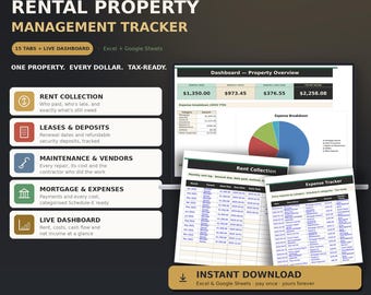 Landlord Spreadsheet, Rental Property Tracker, Tenant Records, Schedule E Tax Expense Template