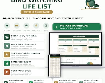 Bird Watching Life List Spreadsheet, Sighting Log, Species Checklist, Nature Journal Gift