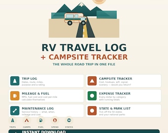 RV Travel Log Spreadsheet, Campsite Tracker, Mileage Fuel Calculator, Road Trip Planner