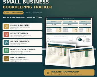 Small Business Bookkeeping Spreadsheet, Income Expense Tracker, Invoice Template, Mileage Log