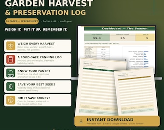 Garden Harvest Log Spreadsheet, Canning Preserving Tracker, Homestead Pantry Inventory Record