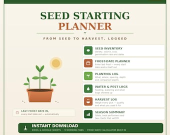 Seed Starting Planner Spreadsheet, Garden Log Bundle, Sowing Schedule, Harvest Tracker