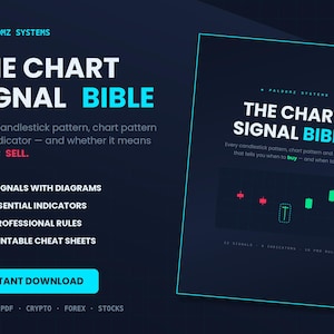 May include: A digital document titled The Chart Signal Bible by Paldomz Systems. The dark blue cover features white and cyan text, a candlestick chart diagram with green and red elements, and a list of contents including 32 signals, 6 indicators, 10 professional rules, and 2 printable cheat sheets.