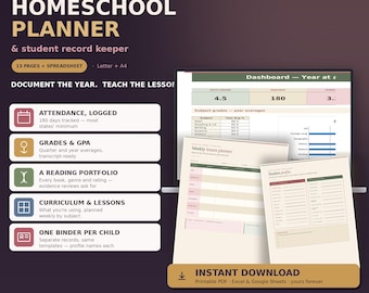 Homeschool Planner Spreadsheet, Curriculum Tracker, Attendance Log, Student Record Book Printable