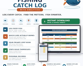 Fishing Log Spreadsheet, Catch Journal, Trip Tracker, Bait Lure Analytics, Angler Gift