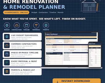 Home Renovation Planner, Remodel Budget Tracker Spreadsheet, Contractor Log, House Flip Organizer