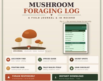 Mushroom Foraging Log Spreadsheet, Species Identification Tracker, Field Journal, Mycology Record