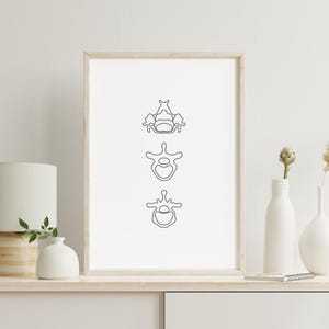 May include: A black and white line drawing of three human vertebrae, printed on white paper and framed in a light wood frame.