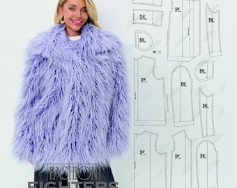 May include: A lavender shaggy faux fur coat with long sleeves and a wide collar, paired with dark blue jeans. Next to the coat is a technical sewing pattern layout featuring various garment pieces with black lines and text labels.