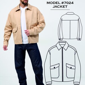 May include: A tan jacket with a zip closure, two front pockets, and a collar. The image also includes a line drawing of the jacket and the text "FASHION FIGHTERS MODEL #7024 JACKET". The size range is S-5XL.