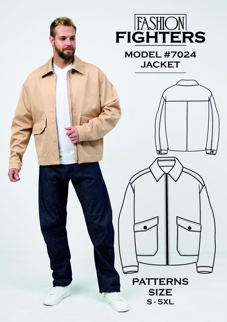 May include: A tan jacket with a zip closure, two front pockets, and a collar. The image also includes a line drawing of the jacket and the text "FASHION FIGHTERS MODEL #7024 JACKET". The size range is S-5XL.