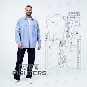 Könnte beinhalten: Hellblau gestreiftes Hemd mit zwei Brusttaschen, getragen mit dunkelblauen Jeans und weißen Turnschuhen. Ein Schnittmuster des Hemdes ist rechts abgebildet. Der Text "FASHION FIGHTERS" ist sichtbar.