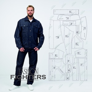 Puede incluir: Un conjunto de chaqueta y vaqueros de mezclilla azul oscuro. La chaqueta tiene botones y bolsillos en el pecho. Los vaqueros son de corte recto. El texto "FASHION FIGHTERS" es visible. Un patrón de chaqueta está a la derecha.