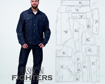 Men's Classic Fit Denim Jacket Sewing Pattern | Fashion Fighters | Size S-5XL (PDF A4+A0)