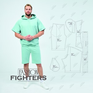 Puede incluir: Una sudadera con capucha verde menta con mangas cortas y pantalones cortos a juego. El conjunto se combina con zapatillas blancas. La imagen también incluye un patrón para el conjunto. El texto "FASHION FIGHTERS" se muestra en la parte inferior.