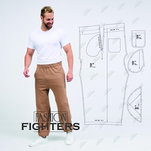 以下が含まれることがあります： 白いTシャツと茶色のスウェットパンツを着た人。画像にはスウェットパンツのパターンも表示されています。「FASHION FIGHTERS」の文字が画像の下部に表示されています。