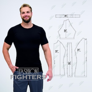 May include: A black short-sleeved t-shirt with the text "FASHION FIGHTERS" in white. The image also includes a pattern layout for the shirt.