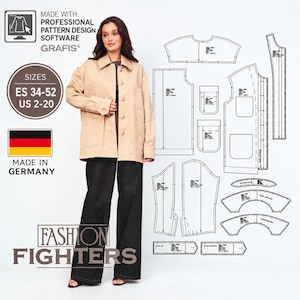 Cartamodello PDF per giacca da lavoro stile workwear (A4, A0), taglie EU 34-52/ US 2-20