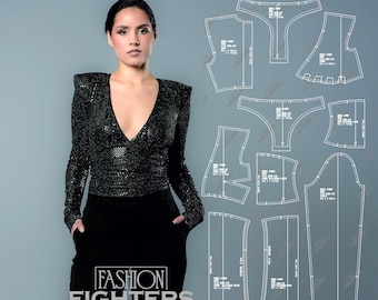 Long Sleeve V-Neck Bodysuit Sewing Pattern | Fashion Fighters | US Size 2-18 (PDF A4+A0)
