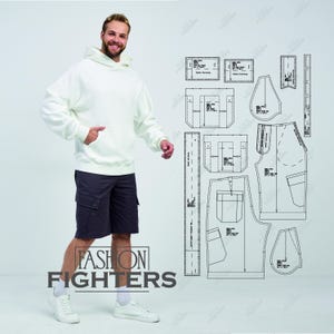 May include: A person wearing a cream-colored hoodie and dark gray cargo shorts. The image also shows a pattern for the hoodie and shorts. The text "FASHION FIGHTERS" is displayed at the bottom of the image.