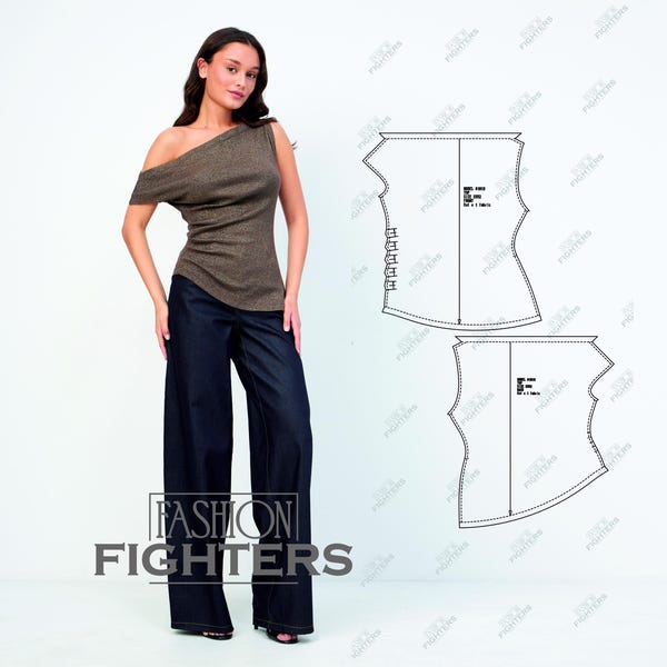 Patrón de costura para top drapeado asimétrico / Fashion Fighters / Tallas EE. UU. 2-20 (PDF A4+A0)