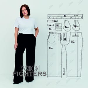 May include: A woman wearing a white t-shirt and black wide-leg pants. The image also includes a pattern for the pants and the text "FASHION FIGHTERS".