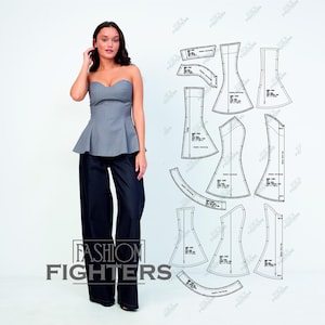 May include: A strapless gray peplum top and wide-leg dark blue pants. The image includes a pattern for a strapless top and the text "FASHION FIGHTERS".