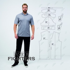 May include: A man wearing a gray polo shirt and black pants, with black sneakers. The text "FASHION FIGHTERS" is printed in white at the bottom. A pattern for a garment is on the right.