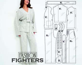 Women's Bouclé Jacket & Trousers Sewing Pattern | Fashion Fighters | US Size 2-18 (PDF A4+A0)