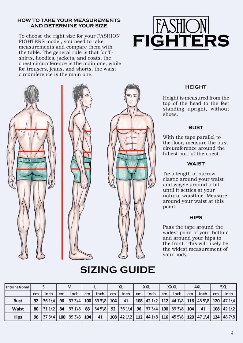May include: Diagram showing how to measure bust, waist, and hips for clothing sizes. Includes a sizing guide with measurements in centimetres and inches. The text reads "Fashion Fighters".