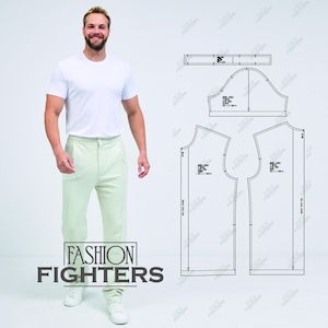 May include: A man in a white t-shirt and pale green trousers. A garment pattern is also visible. The text "FASHION FIGHTERS" is displayed in a rectangular box at the bottom of the image.