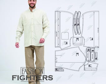 Men's Linen Button-Down Shirt Sewing Pattern | Fashion Fighters | Size S-5XL (PDF A4+A0)