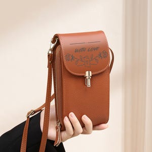 Premium Leather Shoulder/Crossbody Phone Bag, Vegan Leather Phone Shoulder Bag with/ Custom Laser Engraving - Cellphone Bag, Multi Colours
