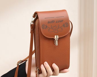 Premium Leather Shoulder/Crossbody Phone Bag, Vegan Leather Phone Shoulder Bag with/ Custom Laser Engraving - Cellphone Bag, Multi Colours