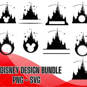 9 Disney Schloss SVG PNG Bundle - Micky Schloss Feuerwerk Download digitale Datei - Disneyland - Micky Silhouette, Micky und Freunde png svg