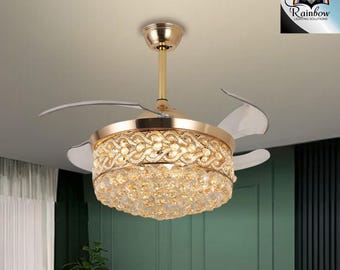 42" Retractable Ceiling Fan Light with LED Crystal Chandelier and Remote Control