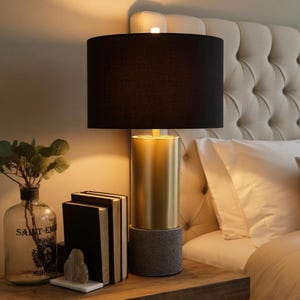 SET OF 2 Black Drum Shade Modern Brass & Concrete Table Lamp For Bedroom, Living Room, Office