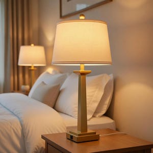 Pode incluir: Um par de candeeiros de cabeceira com abajures bege e bases douradas. Os candeeiros estão numa mesa de cabeceira de madeira ao lado de uma cama com roupa de cama branca. A divisão é iluminada com luz quente.